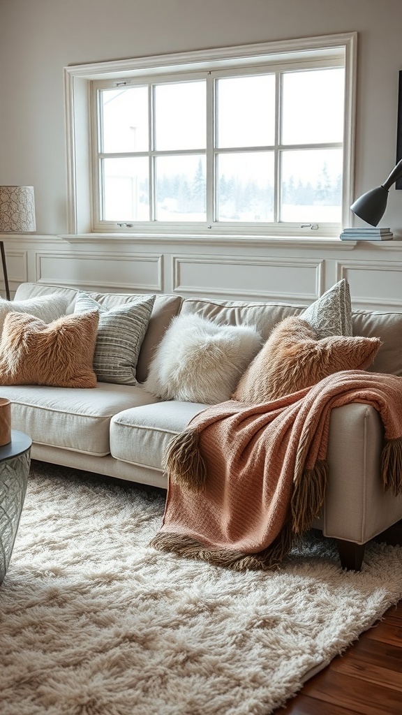 A cozy living room featuring a light-colored couch with faux fur pillows and a warm throw blanket, complemented by a fluffy area rug.