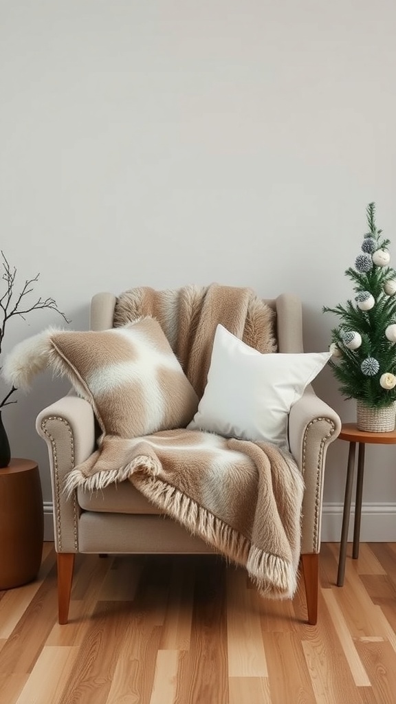 A cozy armchair with a faux fur throw and pillows, next to a small Christmas tree.
