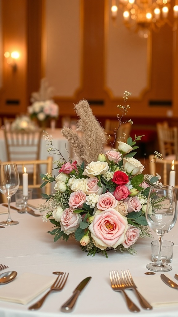 Elegant wedding centerpiece featuring faux fur and floral arrangement with roses and pampas grass