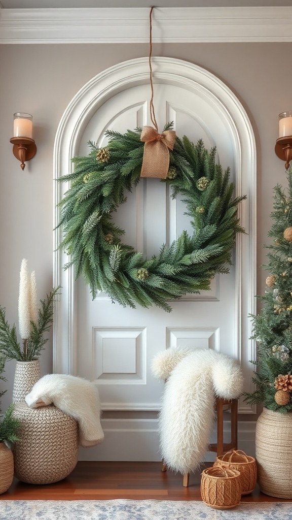 A faux fur and pine wreath hanging on a door, surrounded by cozy decor elements.