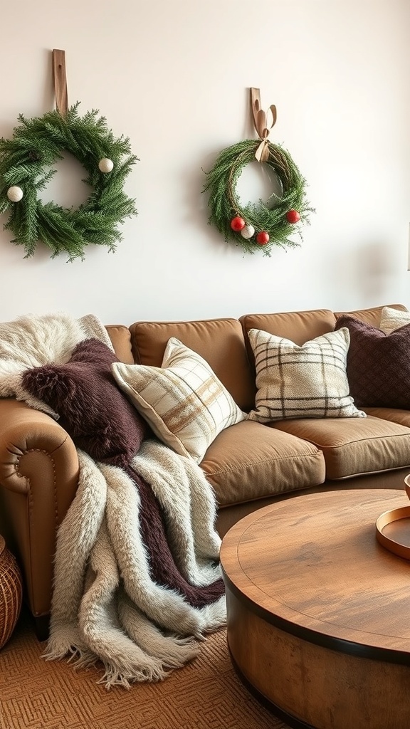 Cozy couch with faux fur throws and pillows, decorated for Christmas with wreaths on the wall.