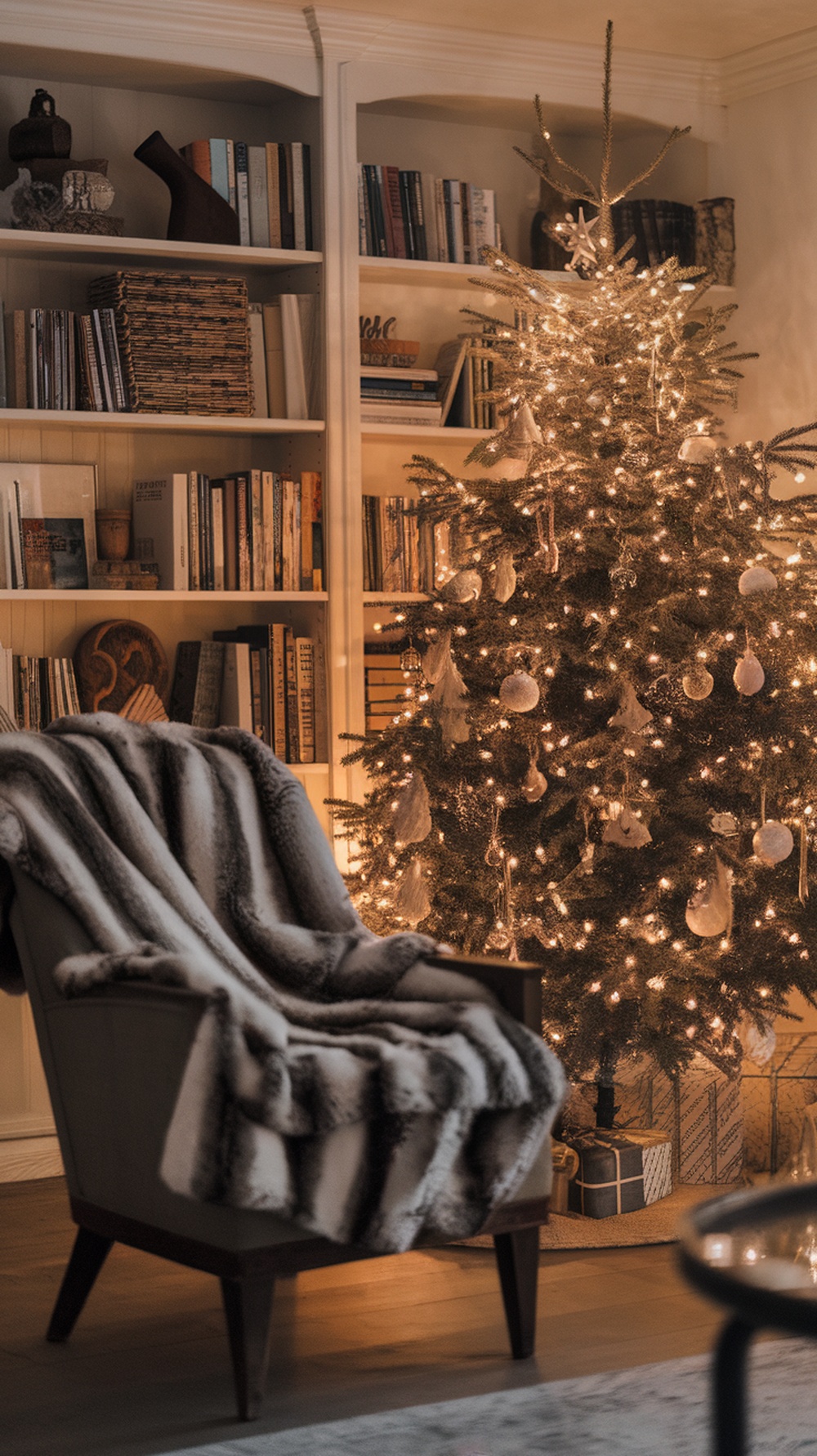 A cozy chair with a faux fur throw, next to a beautifully decorated Christmas tree.
