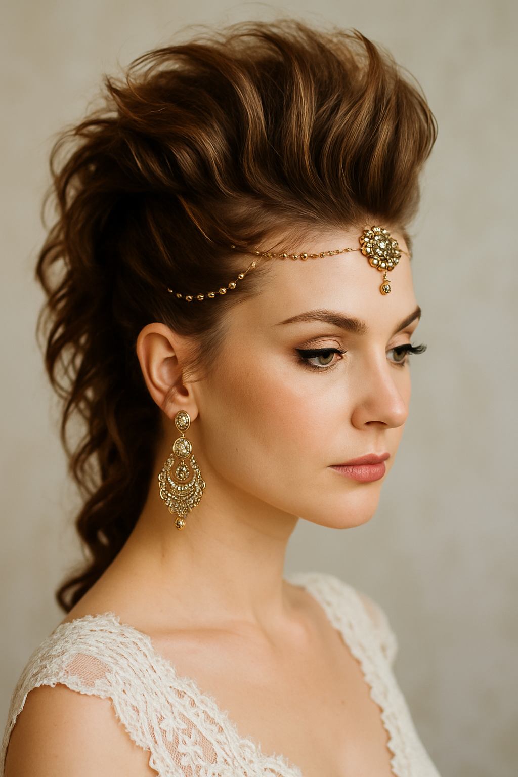 A woman with a faux hawk hairstyle adorned with ethnic jewelry, showcasing a blend of modern and traditional styles.