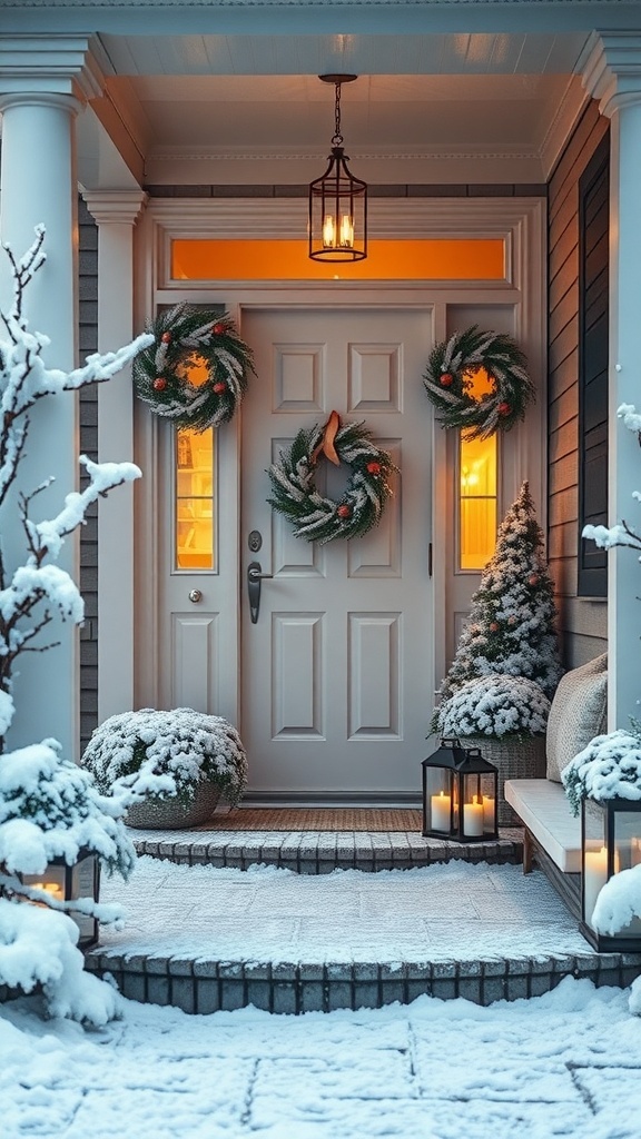 A winter-themed front door with faux snow accents, wreaths, and lanterns.