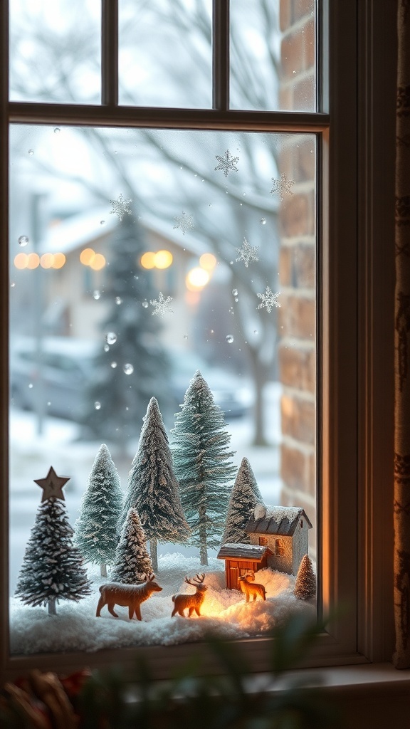 A cozy winter scene in a window with faux snow, miniature trees, and decorations.