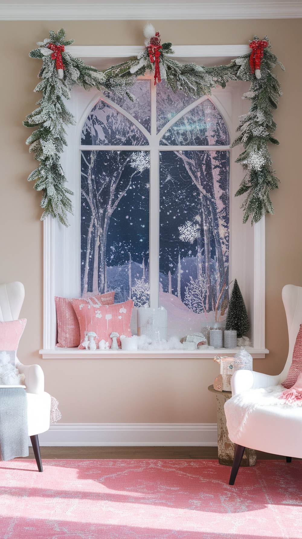 A cozy window decorated for Christmas with faux snow, greenery, and pillows.