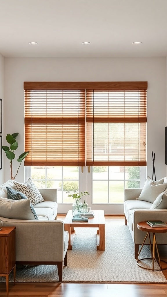 A cozy living room featuring faux wood blinds on sliding glass doors, with modern furniture and decor.