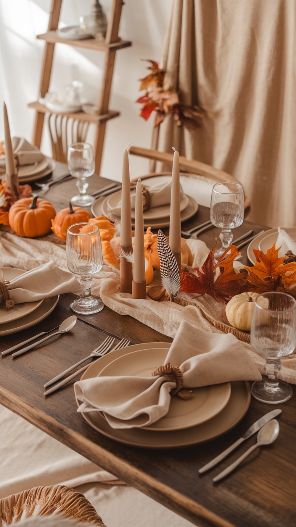A beautifully set Thanksgiving table featuring feathers and autumn leaves as accents, with pumpkins and candles.