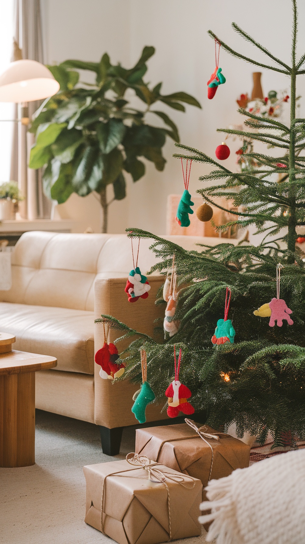 A Christmas tree decorated with colorful felt ornaments and fabric toppers, surrounded by wrapped gifts.