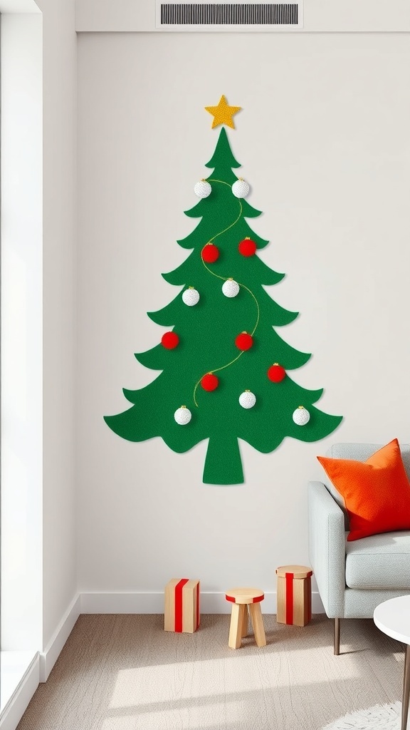 A felt Christmas tree wall decal with ornaments and a star, placed in a cozy cubicle setting.