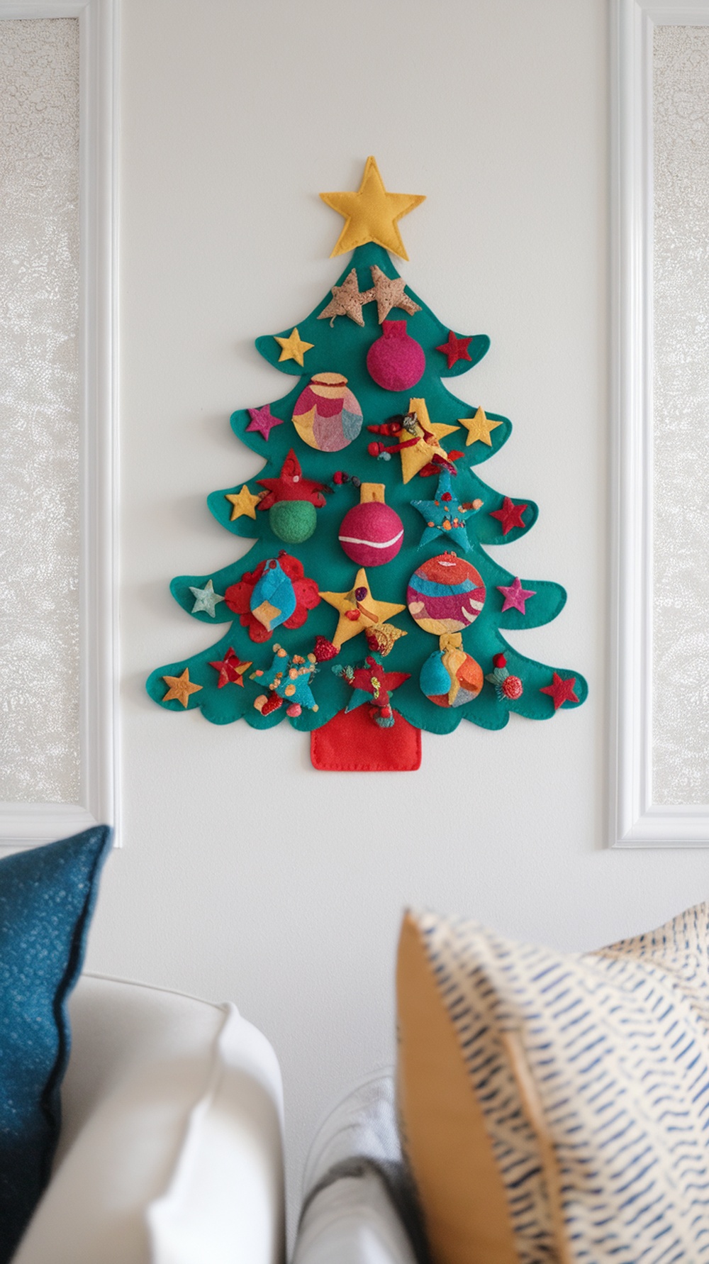 Colorful felt Christmas tree wall hanging with ornaments and a star on top