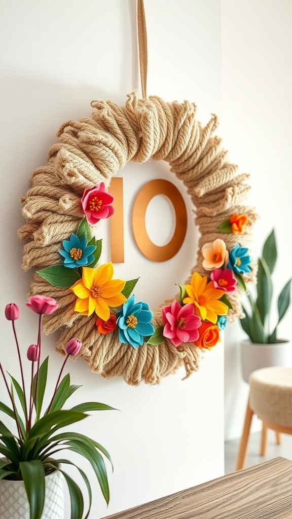 A colorful felt flower rag wreath with vibrant flowers and a number 10, hanging on a wall.