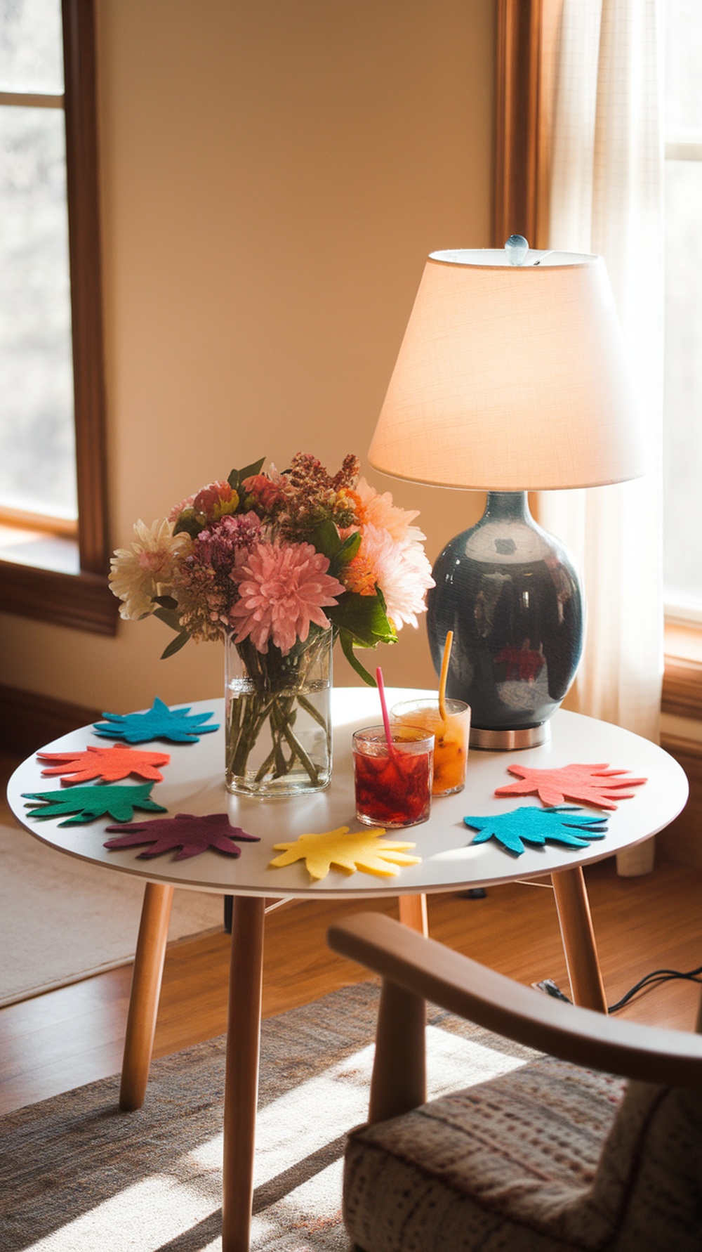Colorful felt leaf coasters on a table with flowers and drinks