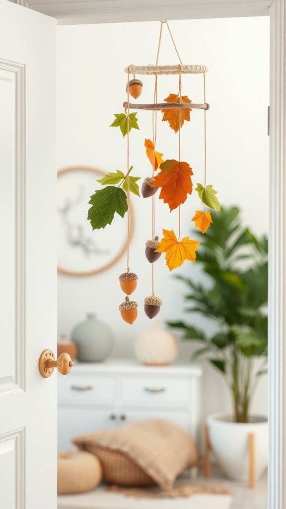A felt leaves and acorns mobile hanging in a doorway, showcasing autumn colors and a cozy home setting.