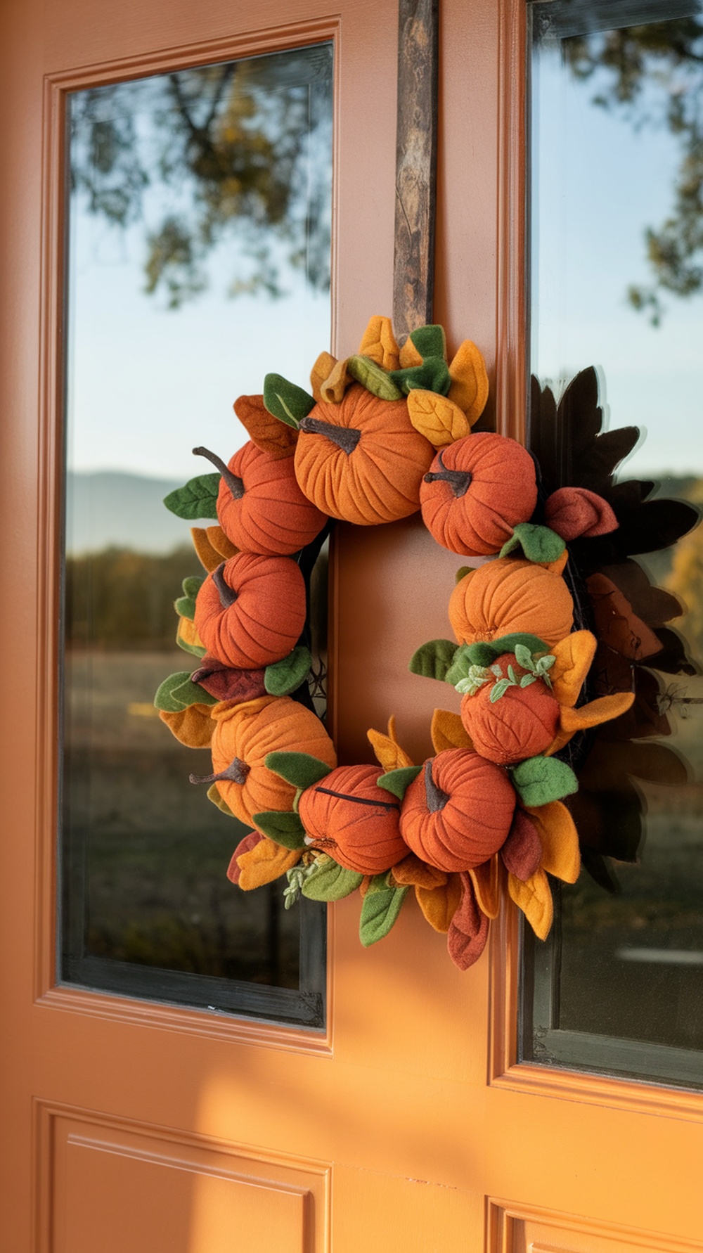 A colorful felt pumpkin and leaf wreath hanging on a door