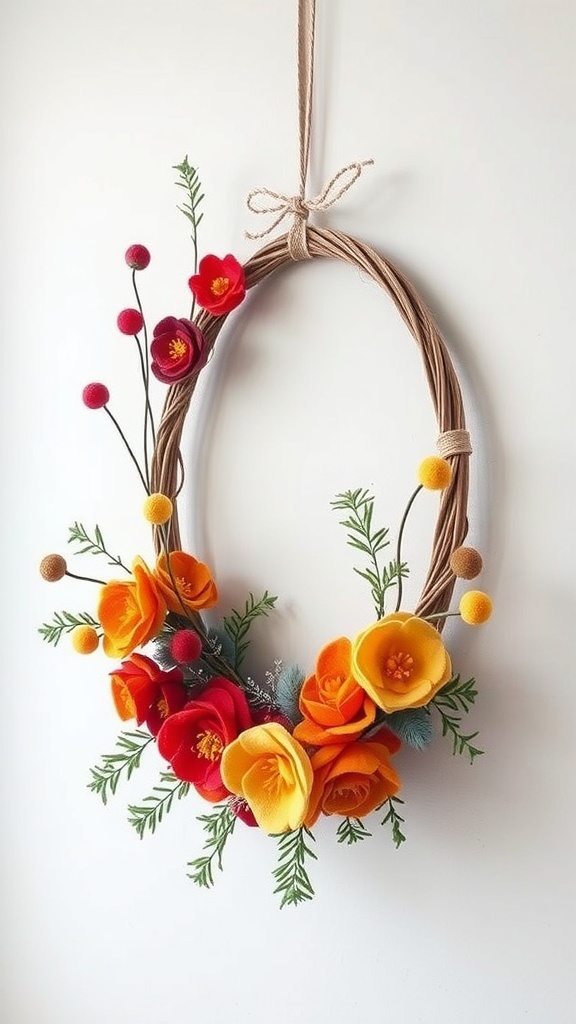 A winter wreath featuring felted wool flowers in vibrant colors with greenery and pom-poms.