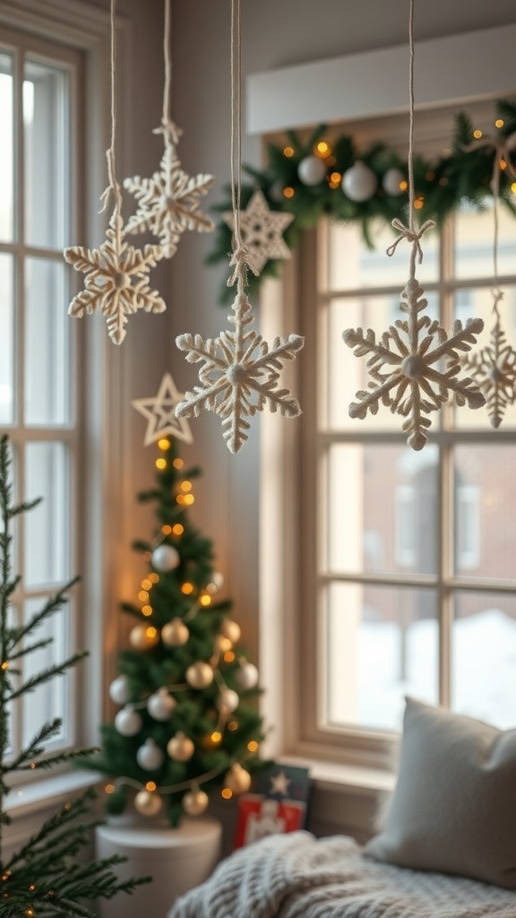 Felted wool snowflakes hanging in a window with a Christmas tree in the background