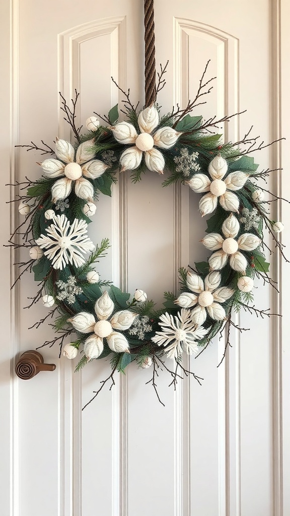 A winter wreath featuring felted wool snowflakes, white flowers, and greenery, hanging on a door.