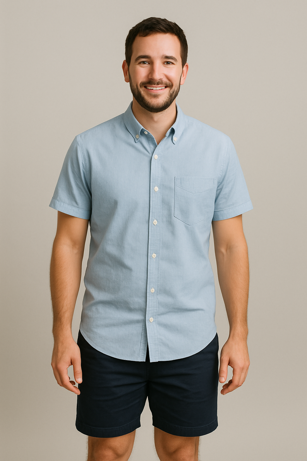 A stylish man in a casual shirt and shorts outfit, accessorized with colorful items.