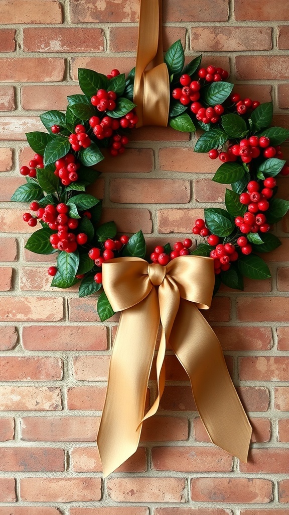 A festive wreath made of red berries and green leaves, adorned with a golden ribbon, hanging on a brick wall.