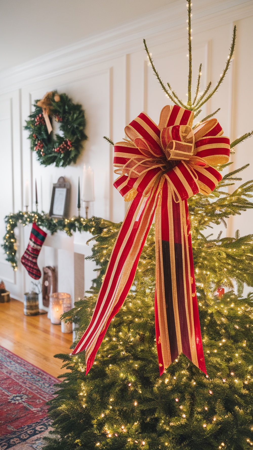 A Christmas tree topped with a red and gold striped bow, surrounded by festive decorations.