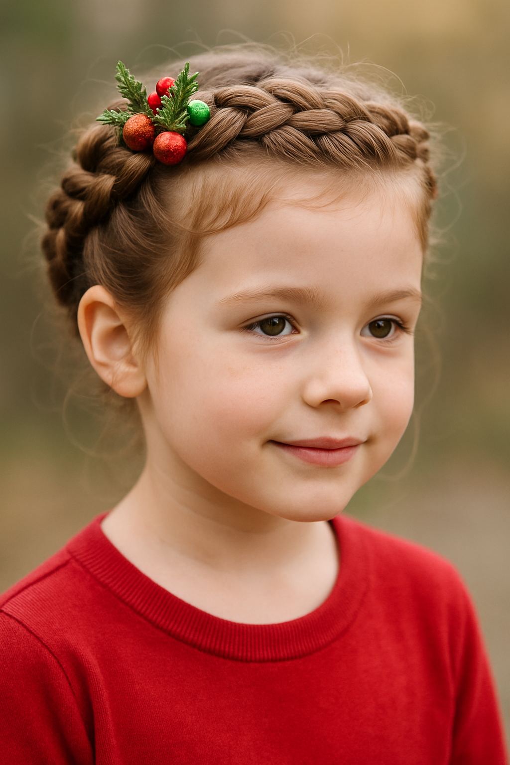 A young girl with a festive braided crown hairstyle, decorated with red and green ornaments, wearing a red sweater.