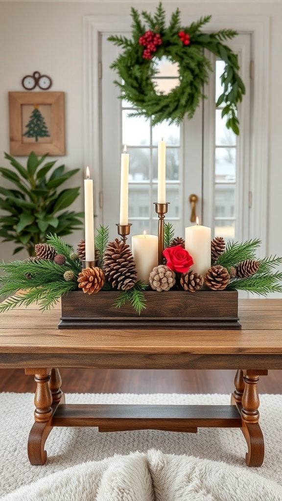 A festive centerpiece with pine cones and candles on a wooden table, surrounded by greenery and a rose, with a wreath in the background.