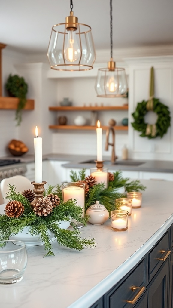 A festive kitchen island centerpiece featuring pinecones, candles, and greenery.