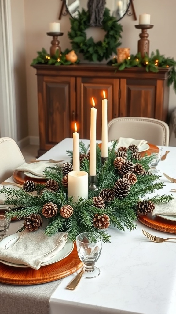 A festive holiday table centerpiece featuring pine branches, pinecones, and candles.