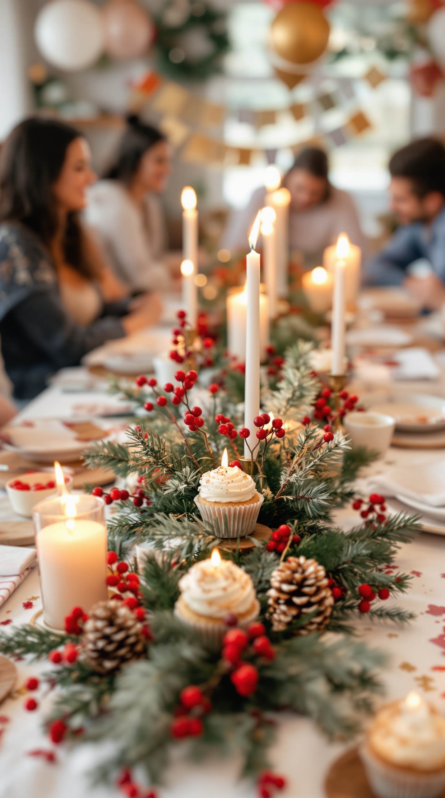 A beautifully decorated table for a Christmas baby shower featuring candles, greenery, and cupcakes.