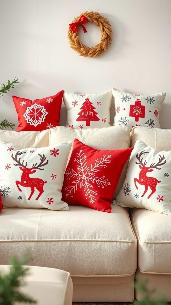 A cozy couch decorated with festive pillows featuring reindeer, snowflakes, and Christmas trees, alongside a simple wreath.