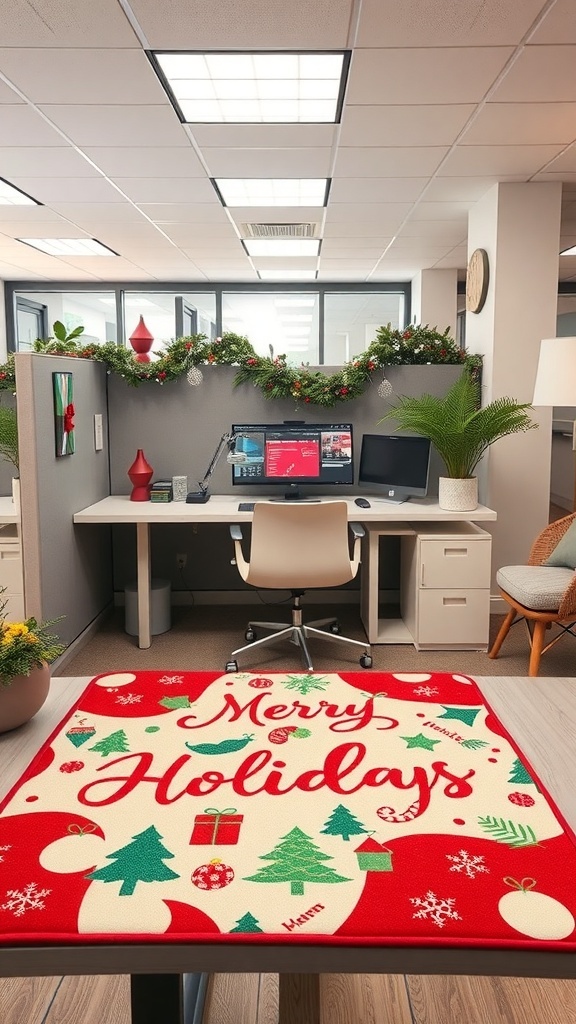 A festive desk mat with 'Merry Holidays' text and holiday-themed designs, placed in a decorated office cubicle.