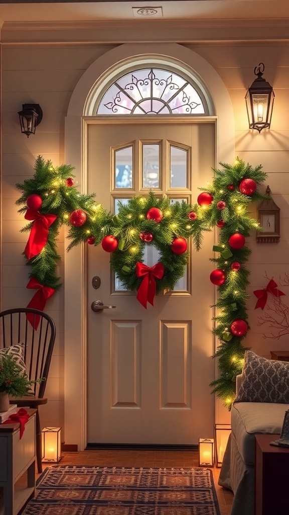 A front door decorated with a green garland featuring red ornaments and bows, creating a festive holiday look.