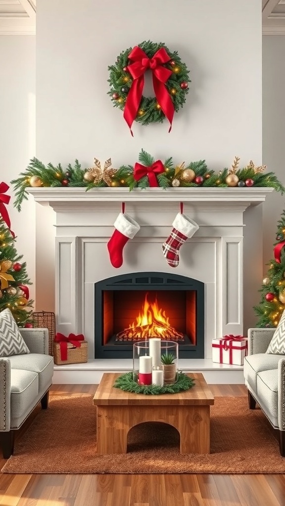 A cozy living room with a festive fireplace decorated for Christmas, featuring a wreath, stockings, and candles.