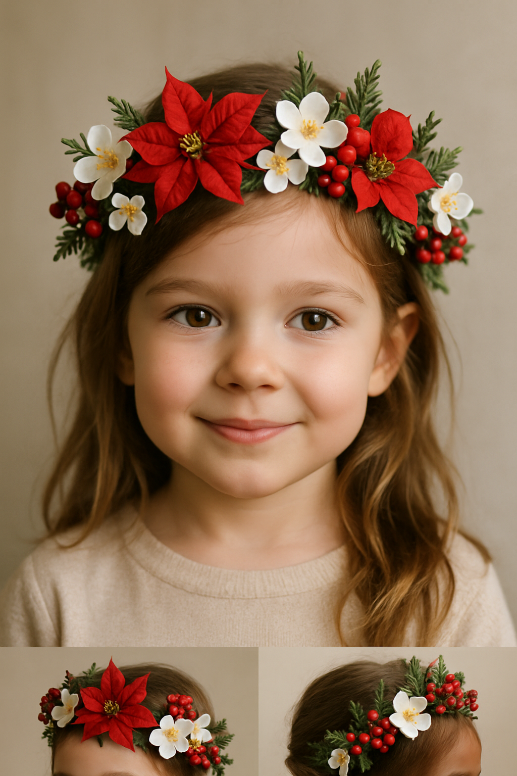 A young girl wearing a festive flower crown made of red poinsettias and white flowers.