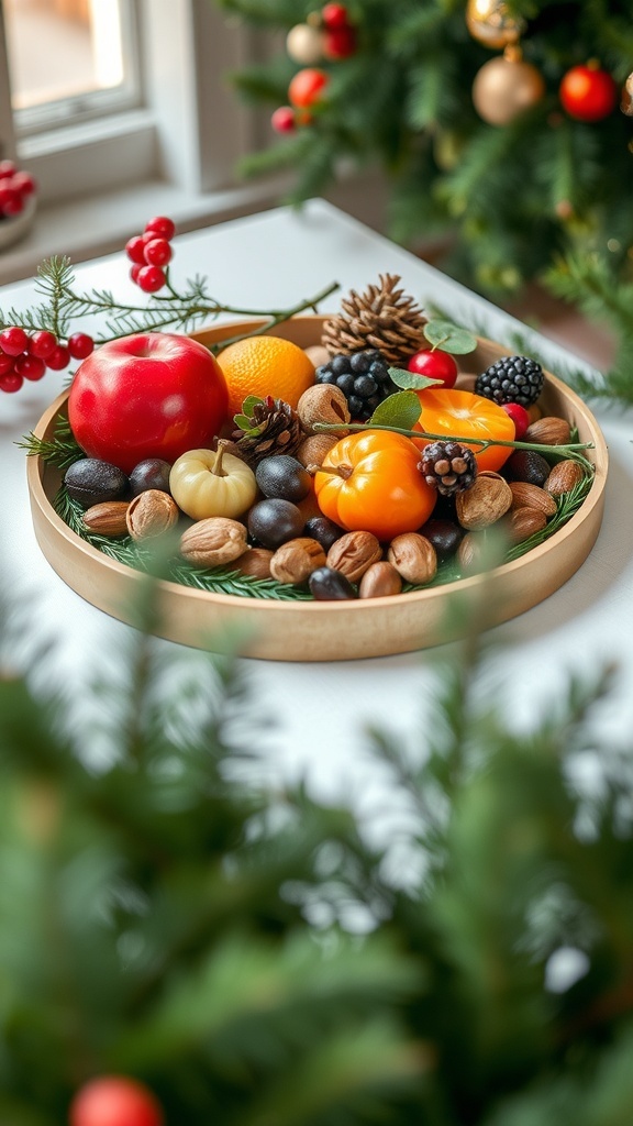 A festive tray filled with colorful fruits and nuts, surrounded by greenery and pine cones.