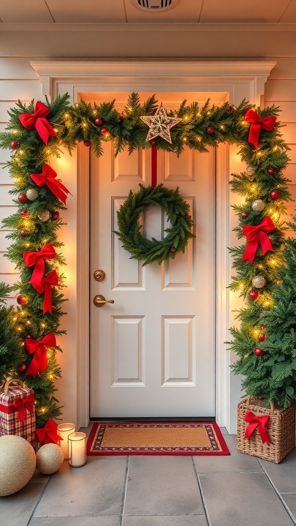 A beautifully decorated front door with garland, lights, and red ribbons for winter decor.