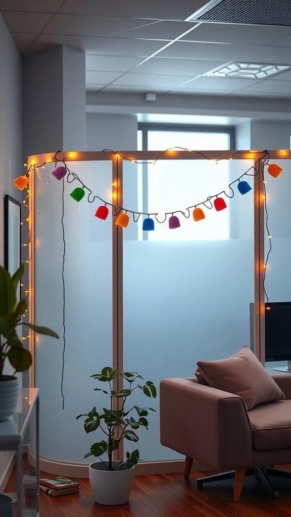 A cozy cubicle decorated with colorful lights and a playful garland, featuring a small plant.