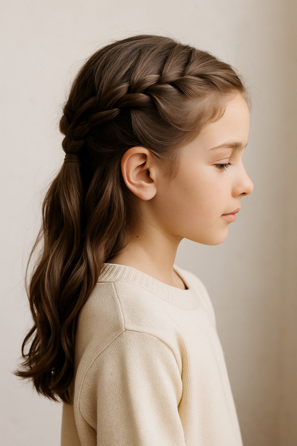 A girl with a braided hairstyle and soft waves, showcasing a festive look.