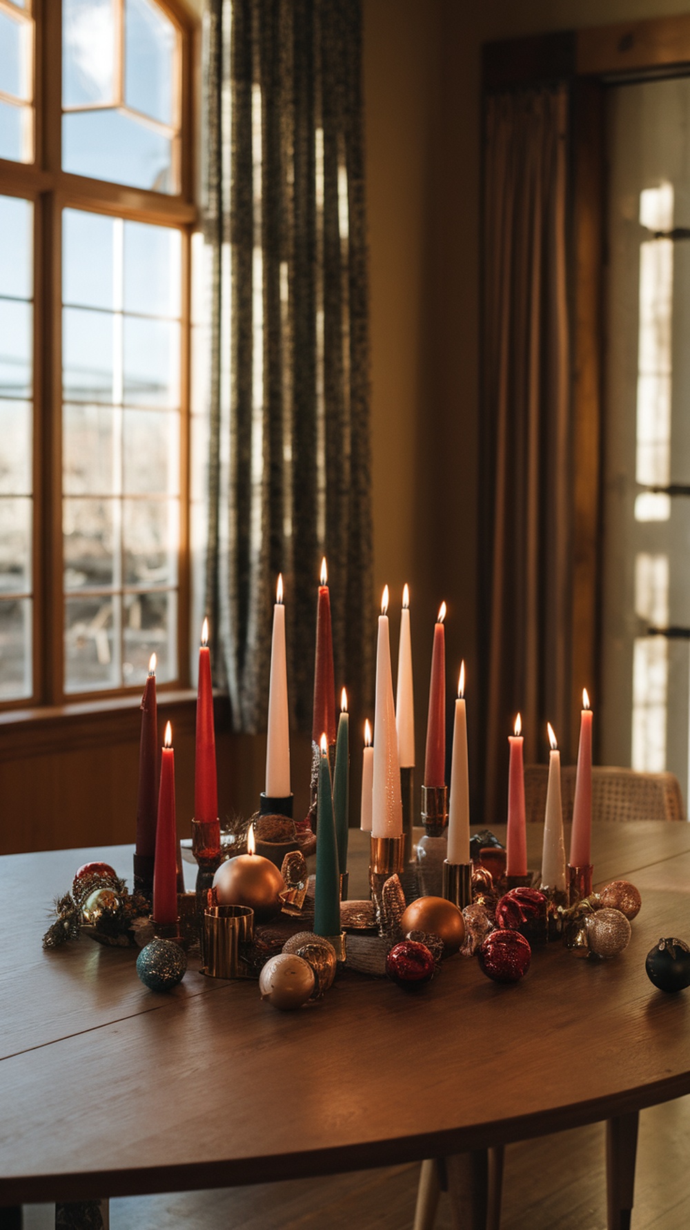 A festive arrangement of colorful candles and holiday decorations on a wooden table.