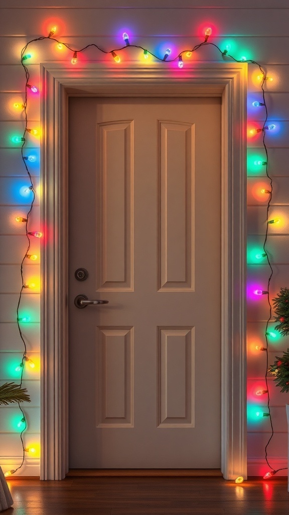 A door decorated with colorful holiday lights