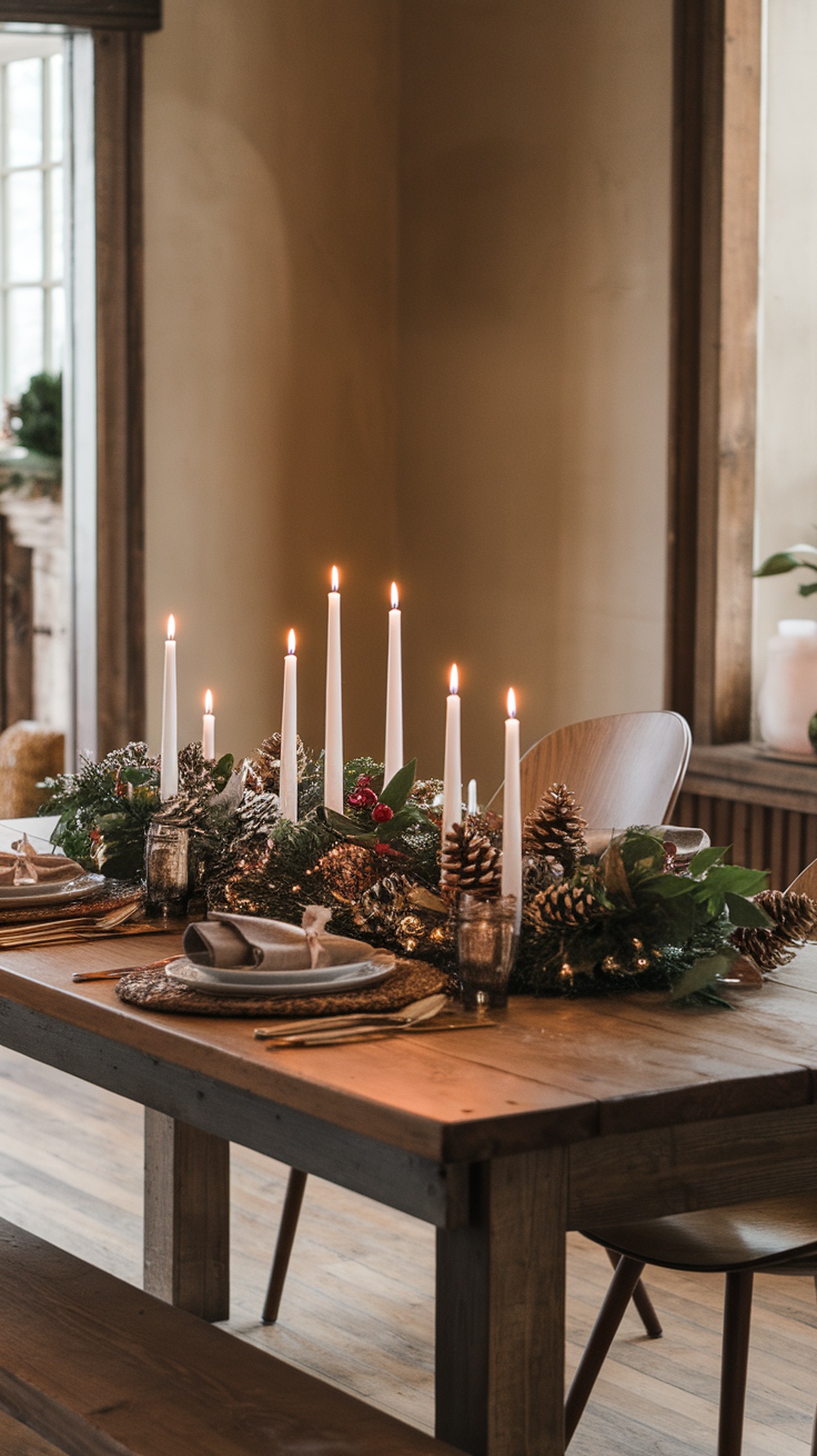 A cozy holiday table setting with pinecone centerpieces and white candles.
