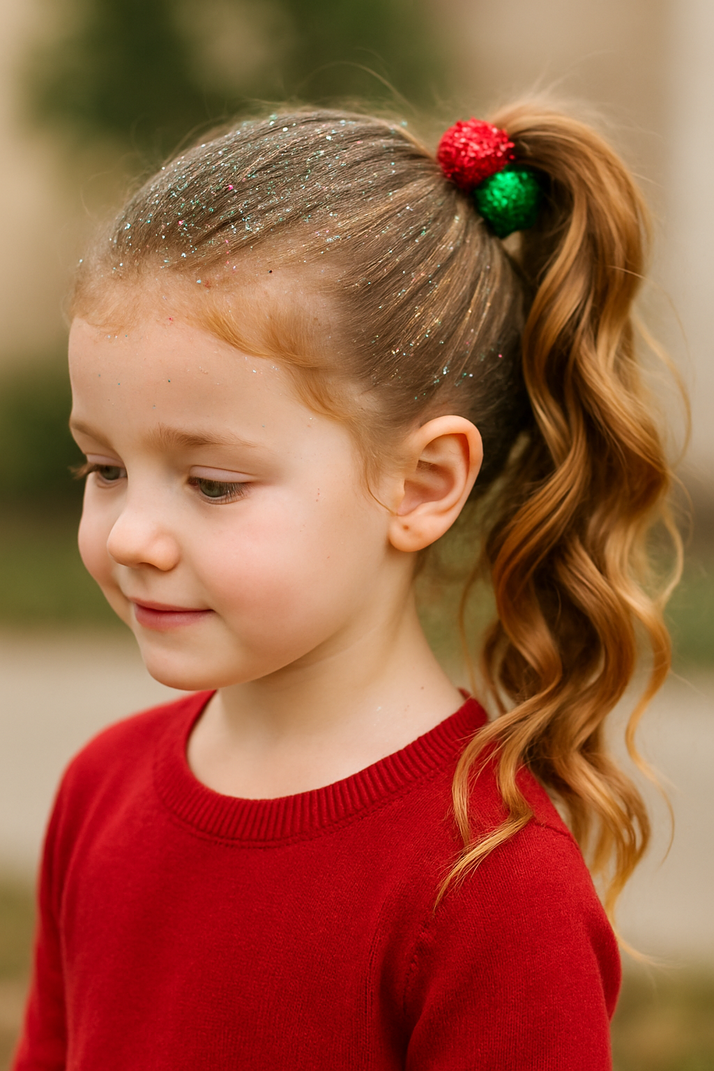 A young girl with a festive ponytail decorated with glitter and colorful pom-poms, wearing a red sweater.