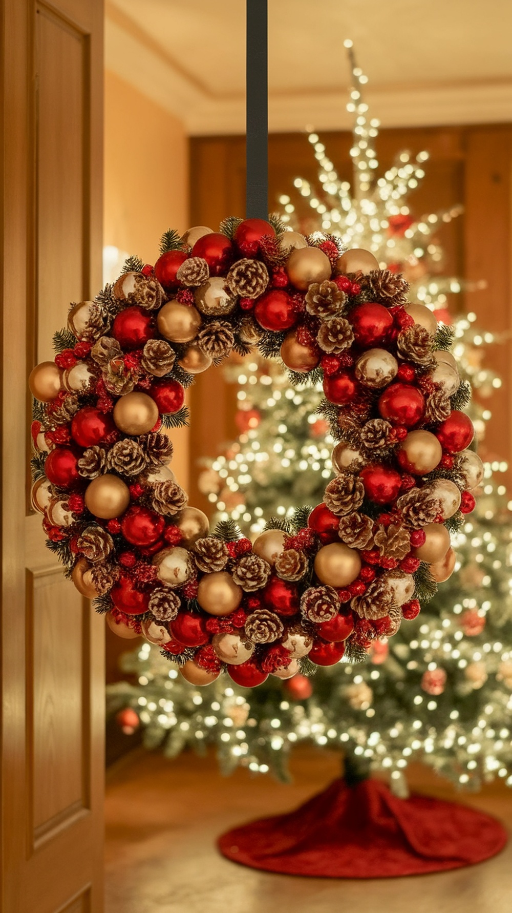 A festive red and gold wreath with pine cones, hanging in front of a Christmas tree.