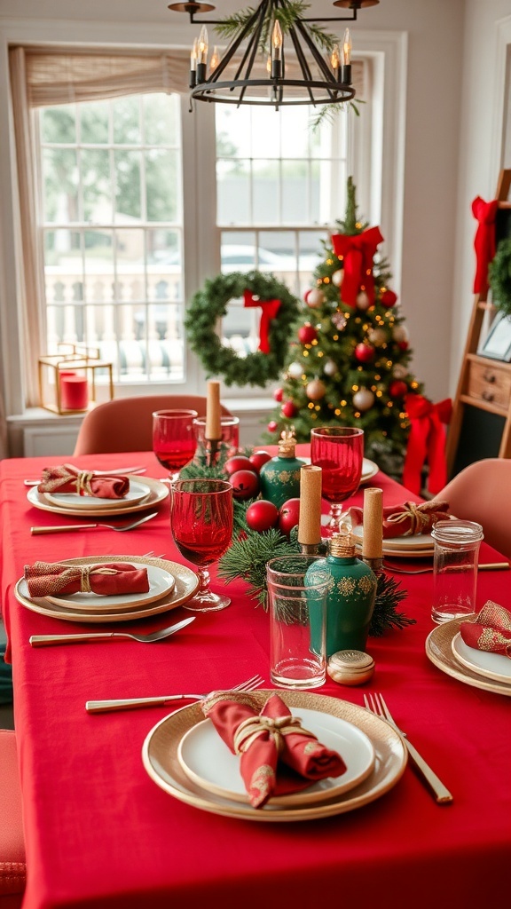 A beautifully decorated Christmas dining table with red and green colors, featuring a red tablecloth, white plates, gold trim, red napkins, and a festive centerpiece.