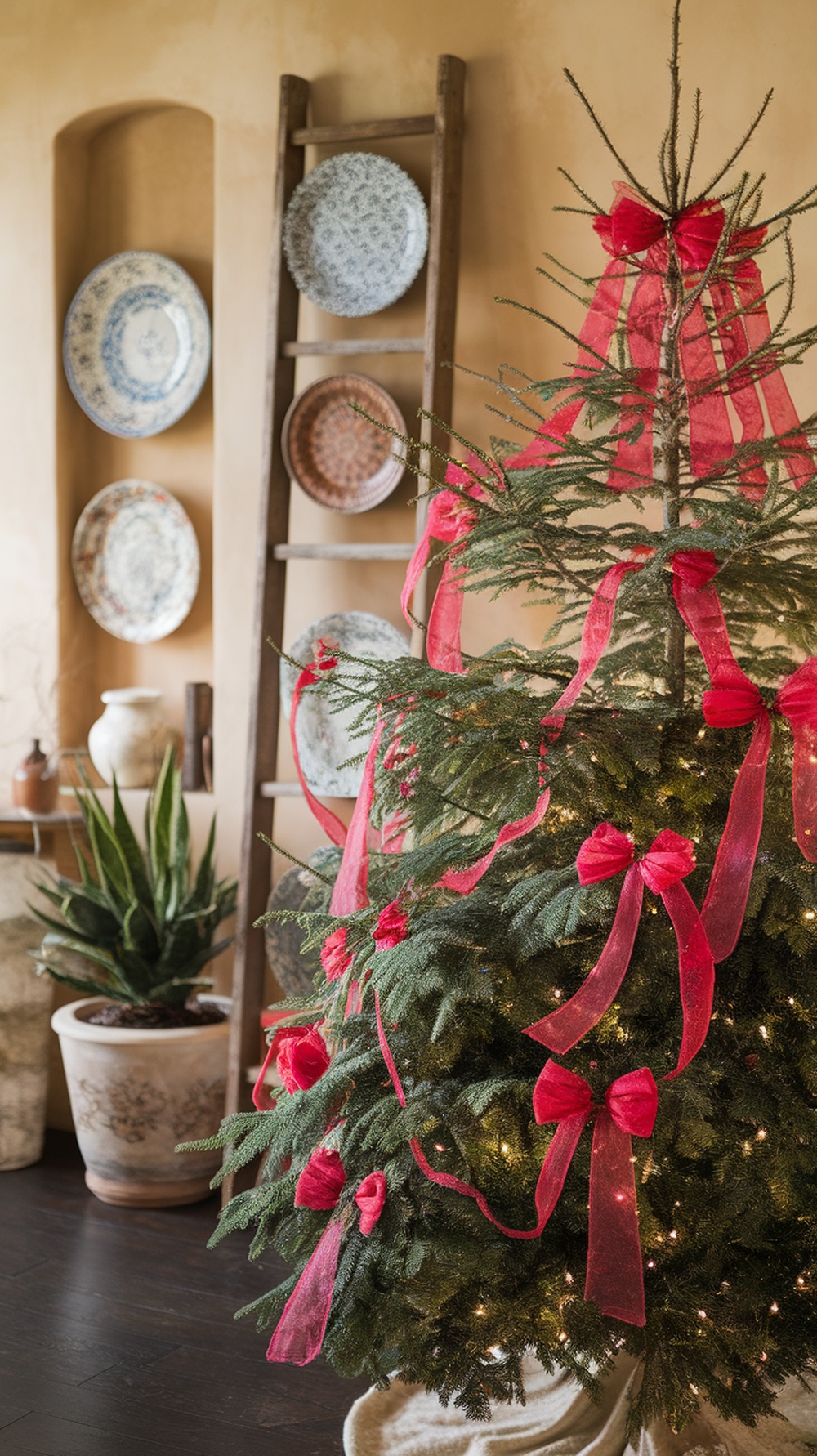 A Christmas tree decorated with red ribbons and bows, set against a warm background with plates and a ladder.