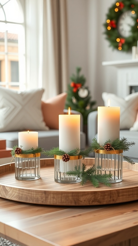 A trio of white candles on a wooden tray, decorated with greenery and pinecones, set on a coffee table with a Christmas tree in the background.