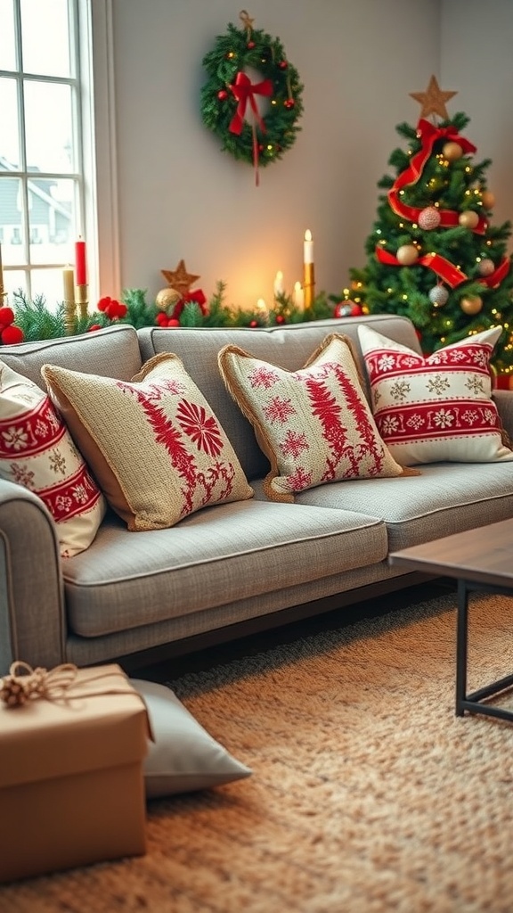 A cozy living room decorated for Christmas with festive throw pillows and a soft rug.