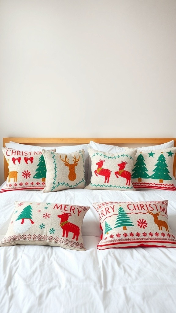 A bed with festive throw pillows featuring Christmas designs like reindeer and trees.