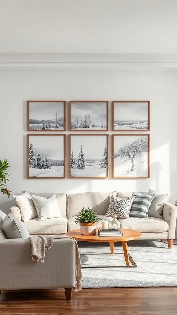 A cozy living room featuring a gallery wall of black-and-white winter landscape photographs, with a light-colored sofa and a wooden coffee table.